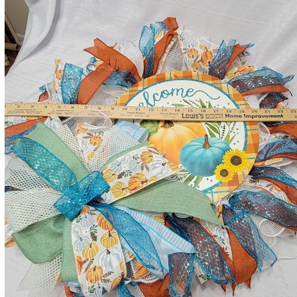 Fall Sparkle Welcome Pumpkin Wreath Slim Pancake Front Door Decor Teal Orange